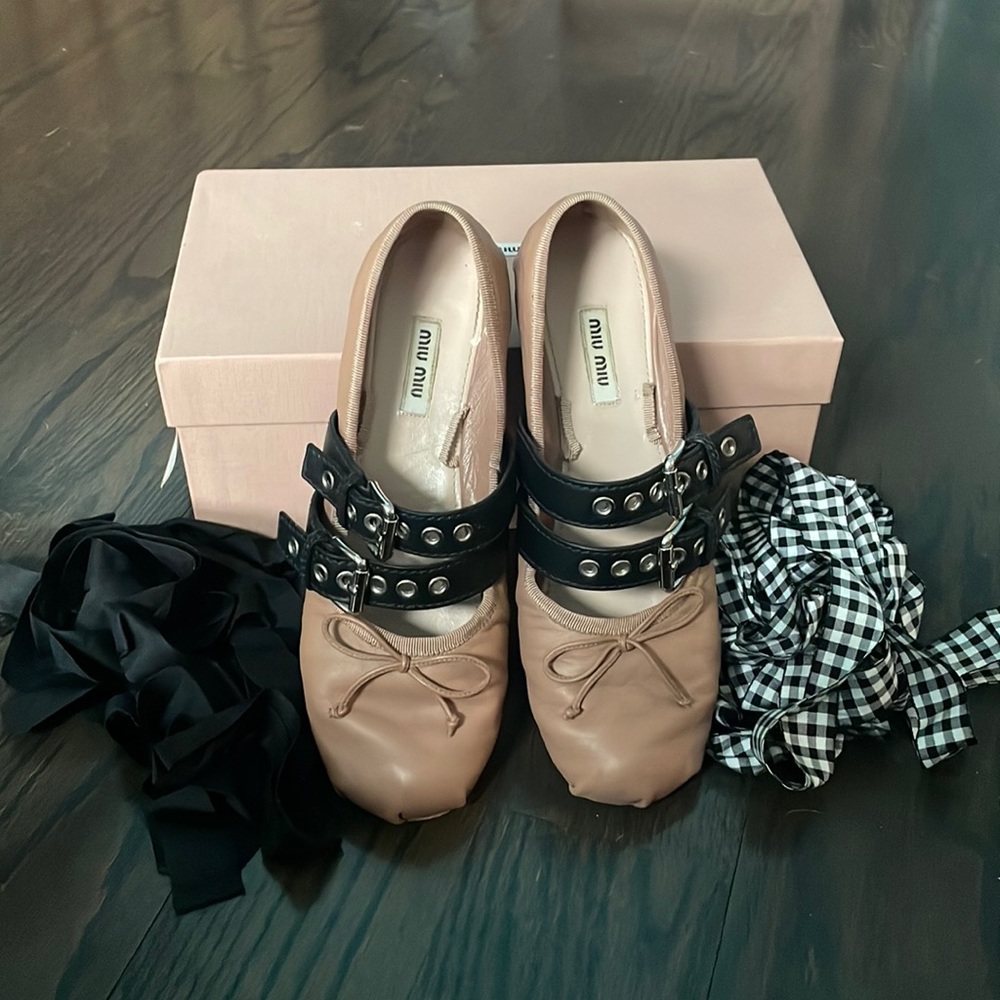 Miu Miu Leather Ballerina Flats with Belts Size 39, Color Cameo Beige/Black